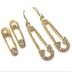 Safety Pin Earrings 2 Pairs Gold Tone Clear Rhinestones